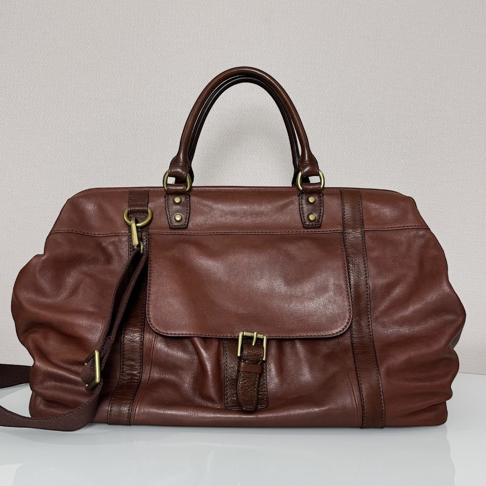 Fossil Mens Estate Brown/cognac Leather Weekender Travel Framed Duffle Bag - Picture 9 of 10